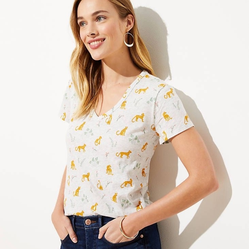 LOFT Gray Cotton Cheetah Print Graphic Tee